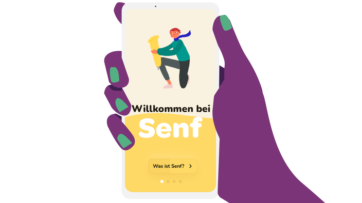 Eine Hand mit einem Smartphone, auf dem die Senf-App geöffnet ist.