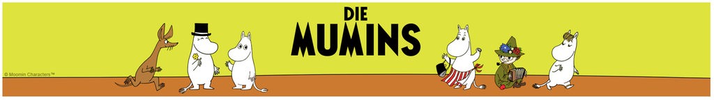 Podcastcover "Die Mumins". Mumin macht einen Handstand vor einer gelblichen Wand.