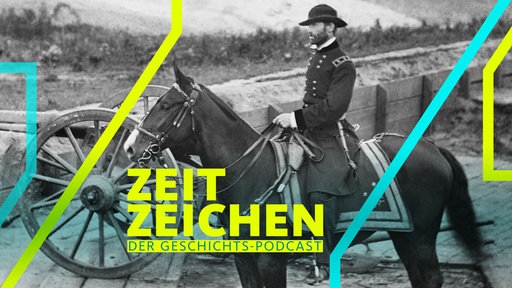 US-General William Sherman auf einem Pferd, neben ihm steht eine Kanone