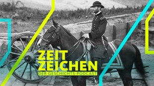 US-General William Sherman auf einem Pferd, neben ihm steht eine Kanone