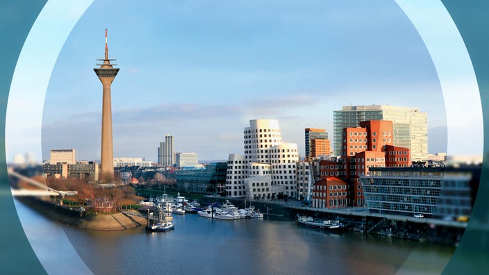 Panorama-Aufnahme von Düsseldorf umgeben von einem runden Rahmen