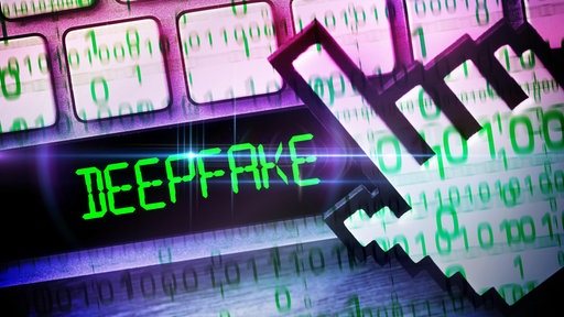 Der Mauszeiger schwebt über Computertasten mit der Aufschrift "DEEPFAKE".