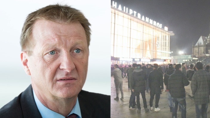 Montage: Portrait von NRW Innenminister Ralf Jäger, Hauptbahnhof Köln am 31.12. 2015