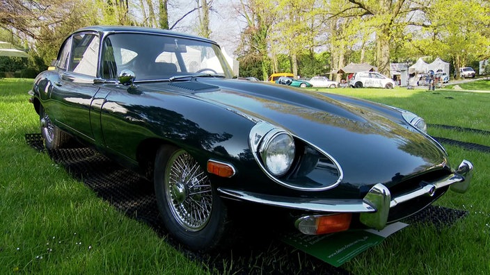 Ein hochglänzender Oldtimer steht auf einer grünen Wiese am Schloss Grünewald. Oldtimer-Fans aus ganz NRW kommen hier zusammen.