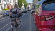 Auf einer Straße stehen am Rand rechts Autos. Links fährt eine Radfahrerin auf der Straße. Hinter ihr weitere Autos.