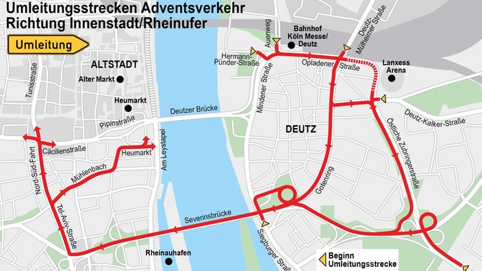 Grafik der Umleitungen zum Kölner weihnachtsverkehr