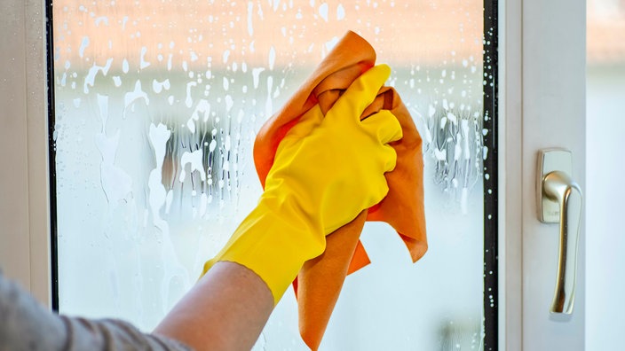 Einen, im gelben Gummihandschuh, Fenster putzende Hand. 