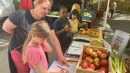 Lehrerin hilft den Schülern beim Errechnen der Preise.