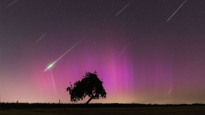 Das Foto des Tages der NASA zeigt mehrere Sternschnuppen zusammen mit Polarlichtern über einem Feld