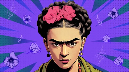 Zeichnung: Frida Kahlo schaut bestimmt, der Hintergrund ist lila.