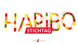 Bunte Gummibärchen bilden den Schriftzug Haribo 