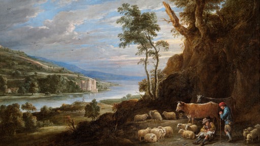 Gemälde: Landschaft mit Hirten und einem entfernten Blick auf ein Schloss von David Teniers dem Jüngeren