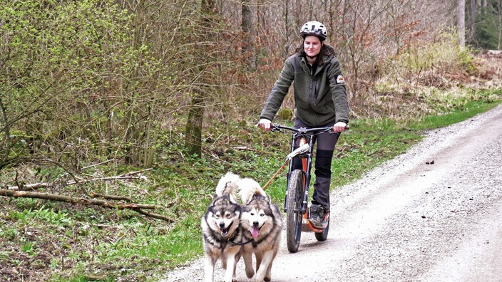 Eine Frau auf einem Dogscooter