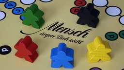 Mensch -ärgere-Dich-nicht-Spielbrett mit roter, schwarzer, blauer, gelber, grüner Figur