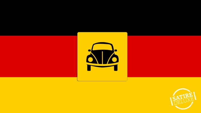 Deutschlandflagge in der ein Auto statt des Bundesadlers zu sehen ist