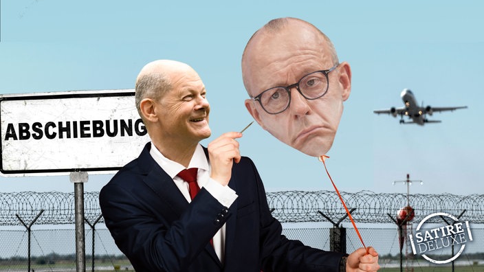 Satirische Montage: Olaf Scholz hält an einer Schnur einen Luftballon mit dem Gesicht von Friedrich Merz und ist lachend im Begriff, mit einer Nadel hinein zu stechen