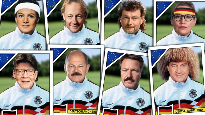 Bildmontage: Gesichter von Politikern und Politikerinnen im Stile eines Panini-Sammelbums der 1990er Jahre