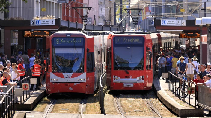 Zwei Stadtbahnen stehen an einer Haltestelle.