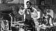 Charles Goodyear bei Arbeit in seinem Labor (Gemälde s/w)