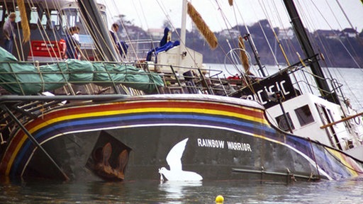 Greenpeaceschiff Rainbow Warrior liegt versenkt im Hafen von Auckland, Neuseeland 