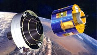 Illustration, auf der Wettersatellit MSG-1 in die Umlaufbahn gebracht wird