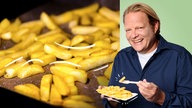 Das Bild zeigt Björn Freitag mit eine Portion Pomme Frites in der Hand. Im Hintergrund sieht man Pommes, die auf einem Backbleich verteilt liegen.