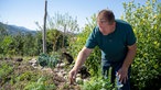 Frank Fröhlich pflanzt im Garten. 