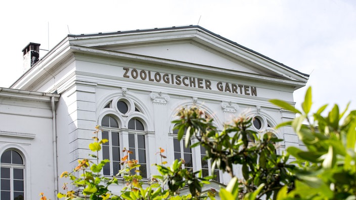 Ein Gebäude aus dem 19. Jahrhundert mit dem Schriftzug ZOOLOGISCHER GARTEN, im Vordergrund Sträucher