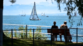 Ein Paar sitzt auf einer Bank vor einem See im Sommer.