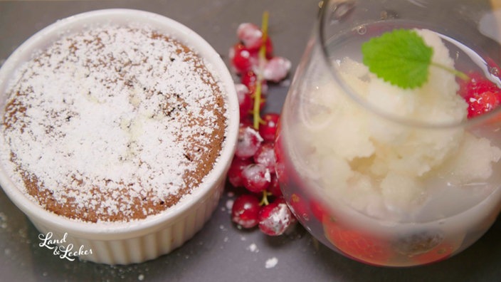 Dessert von Claudia Keil: Schokoküchlein und Zitronensorbet.