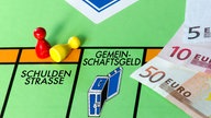 Ausschnitt eines aus Kommunen angepasstes Monopoly-Spielbretts unter anderem mit der "Schuldenstraße"