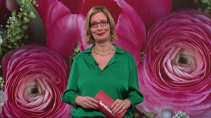 Das Bild zeigt Yvonne Willicks im Servicezeit-Studio. Im Hintergrund sind Blumen abgebildet. 