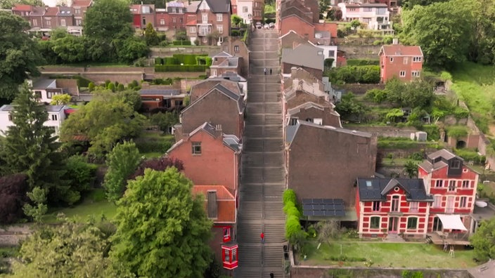 Blick von oben auf eine lange, von Häuserreihen gesäumte Treppe