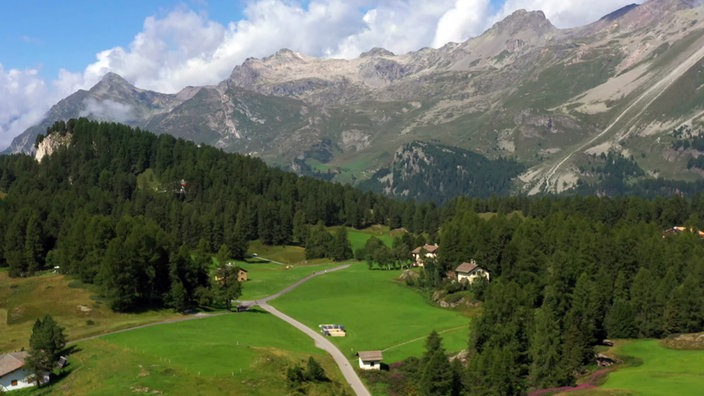 Grünes Tal mit wenigen Häusern vor Bergkulisse