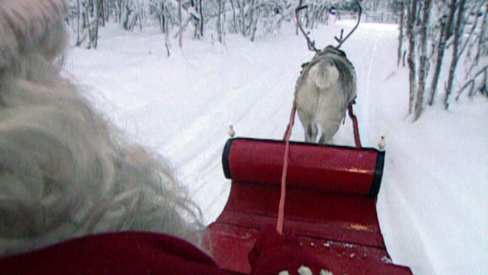 Weihnachtsmann auf einem von einem Rentier gezogenen Schlitten 