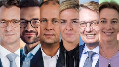 Eine Collage der Spitzenkandidaten zur NRW-Landtagswahl 2022, sie zeigt von links nach rechts: Hendrik Wüst, Thomas Kutschaty, Joachim Stamp, Mona Neubaur, Markus Wagner, Carolin Butterwegge