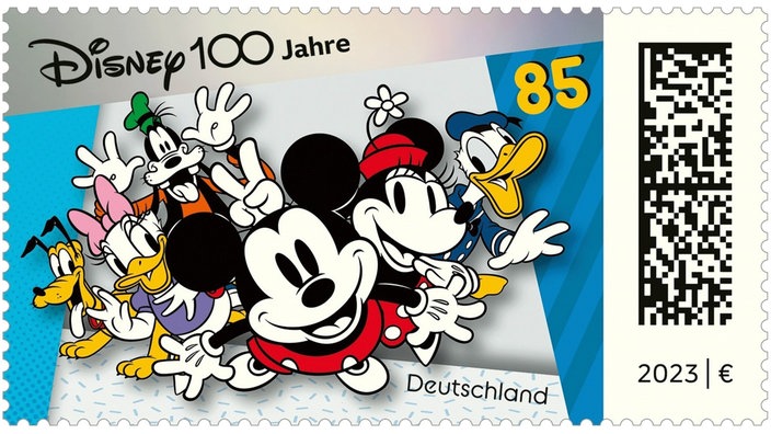 Micky Mouse, Donald Duck und andere Comicfiguren sind auf einer deutschen Briefmarke zu sehen. 