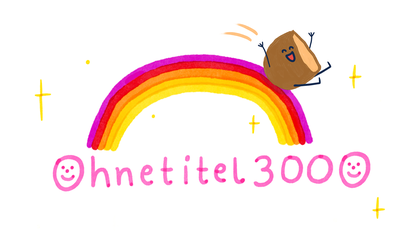 Der Schriftzug des TikTok-Kanals ohnetitel3000 mit der Hauptfigur "Knust", die einen Regenbogen herrunterrutscht