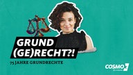 Portrait einer Frau mit Paragrafenzeichen, Bundesadler und dem Schriftzug GRUND(GE)RECHT?!