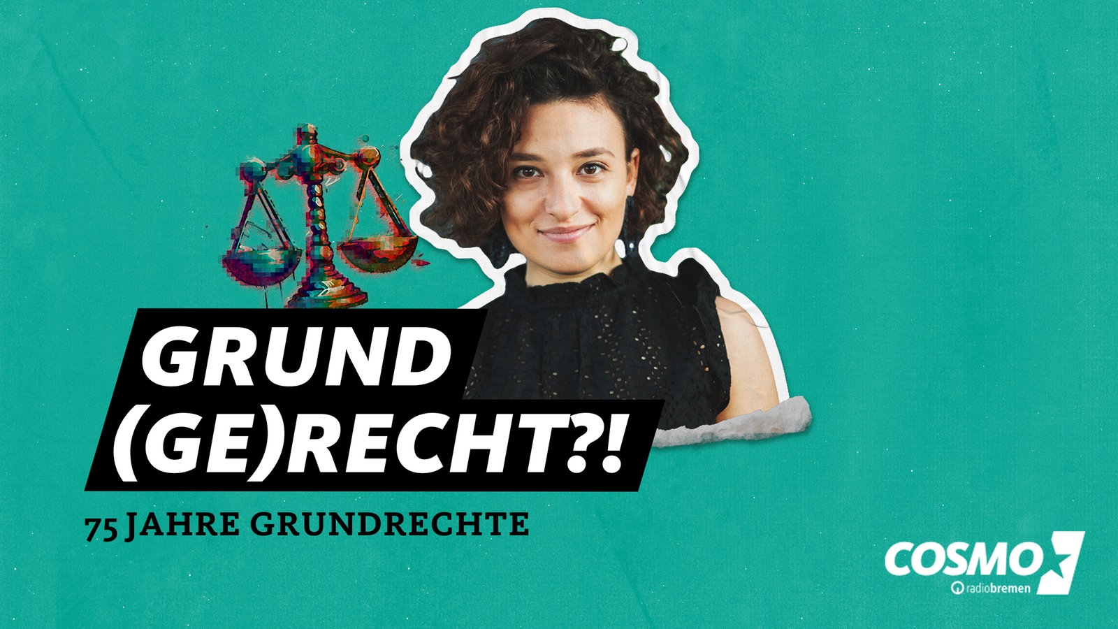 Portrait einer Frau mit Paragrafenzeichen, Bundesadler und dem Schriftzug GRUND(GE)RECHT?!