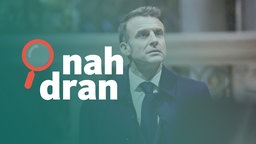 Das Bild zeigt den französischen Präsidenten Emmanuel Macron, der nachdenklich guckt. Daneben das Logo des Podcasts nah dran. 