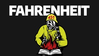 Ein Feuerwehrmann verbrennt ein Buch, dazu der Schriftzug "Fahrenheit 451".