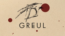 Zeichnung zum Hörspiel "GRЁUL": Beiger Hintergrund, eine in schwarz gezeichnete Hand mit Haaren und langen Fingernägeln greift nach etwas, drum herum rote Punkte.