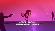 Illustration zum Hörspiel: Die 4 Leben des NeShawn Plummer: Es sind Silhouetten zu sehen, von einem Jungen der Fahrrad fährt und von zwei Personen, die Pistolen abfeuern.