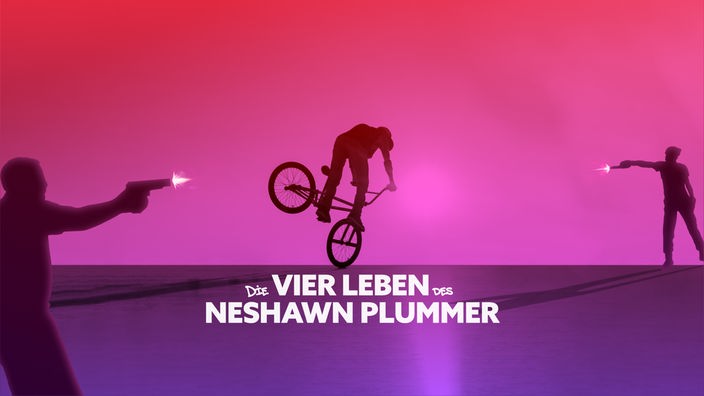 Illustration zum Hörspiel: Die 4 Leben des NeShawn Plummer: Es sind Silhouetten zu sehen, von einem Jungen der Fahrrad fährt und von zwei Personen, die Pistolen abfeuern.