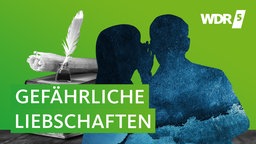 Umrisse einer Frau, die einem Mann etwas ins Ohr flüstert, dahinter ein großes Tintenfass mit Schreibfeder