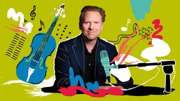 Illustration: Daniel Hope mit Violine und Mikrofon.