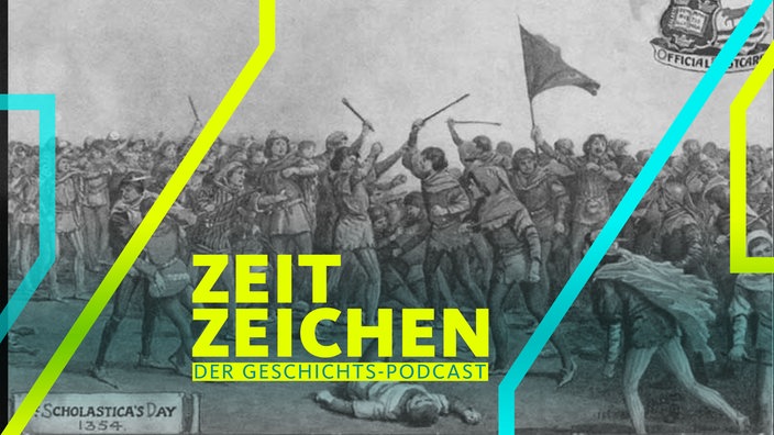 Postkarte zeigt Szenen der Auseinandersetzungen in Oxford aus dem Jahr 1355. 