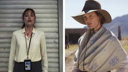 Links Szene aus "Longlegs" mit Maika Monroe in der Hauptrolle. Rechts daneben Szene aus "The Dead Don't Hurt", eine Frau mit Cowboyhut in einem Western-Setting.