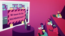 Das Bild zeigt eine Illustration eines Hörsaals. Vorne hält ein Mann einen Vortrag  über Nachbarschaft. 